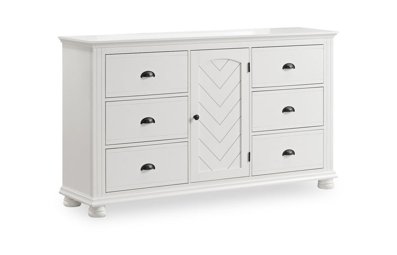 Ensemble de chambre à coucher Ella 5 pièces blanc avec lit à panneaux, commode et miroir - format très grand lit
