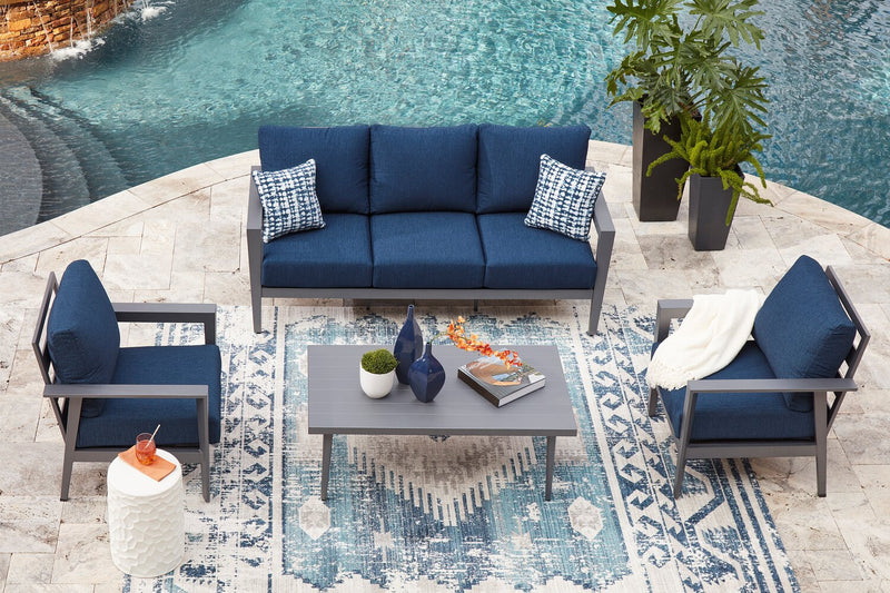 Ensemble Barrie 4 pièces pour la terrasse à l’extérieur avec sofa, 2 fauteuils et table - aluminium - bleu et gris