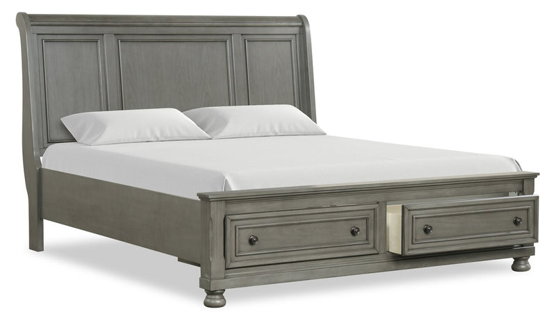 Ensemble de chambre à coucher Chelsea 6 pièces gris avec lit de rangement, commode et miroir - format très grand lit