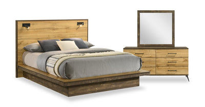 Silas 5pc Bedroom Set with Platform Bed, Dresser & Mirror, LED, Rustic Brown - Full Size | Ensemble de chambre à coucher Silas 5 pièces brun rustique avec lit plateforme, commode, miroir et éclairage à DEL - format lit double