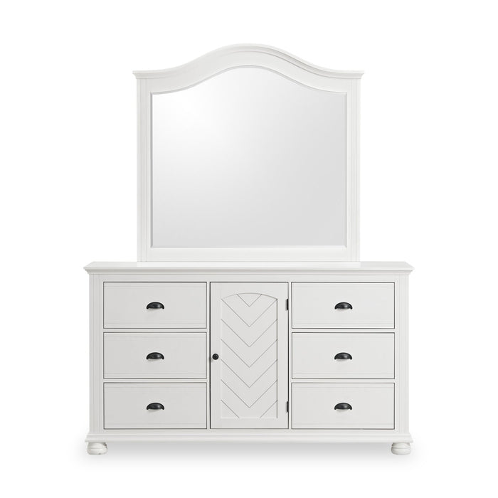 Ensemble de chambre à coucher Ella 5 pièces blanc avec lit à panneaux, commode et miroir - format très grand lit