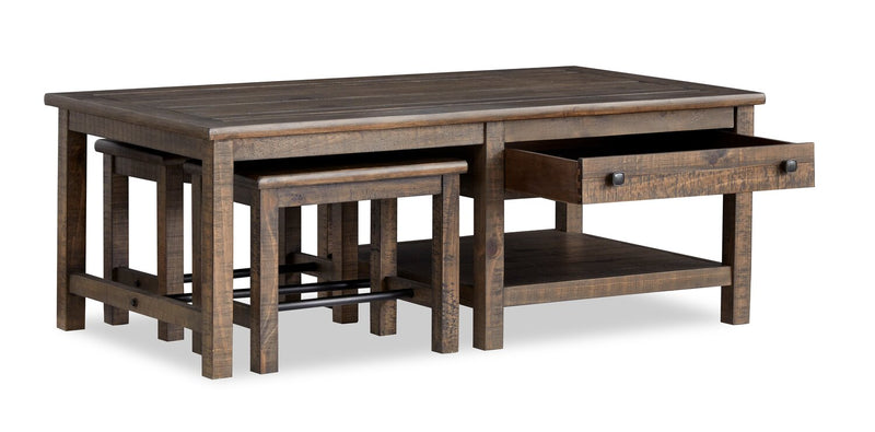 Table à café Edwin de 52 po en pin champêtre avec rangement et tabourets - brun champêtre