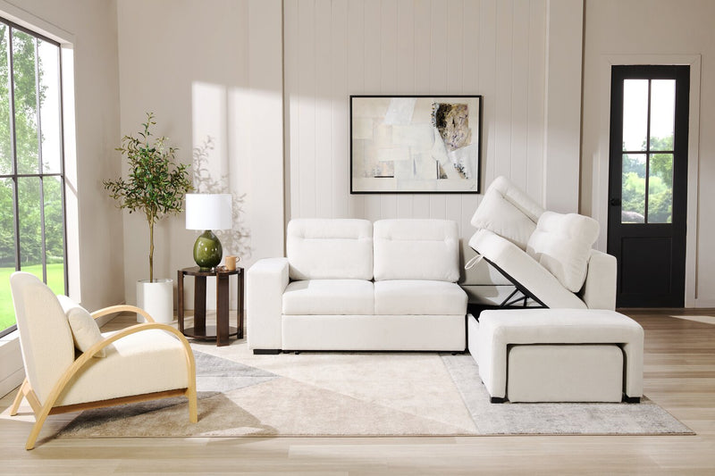 Sofa-lit sectionnel de droite Coast 3 pièces en tissu blanc ivoire avec fauteuil long de rangement et accoudoir de rangement