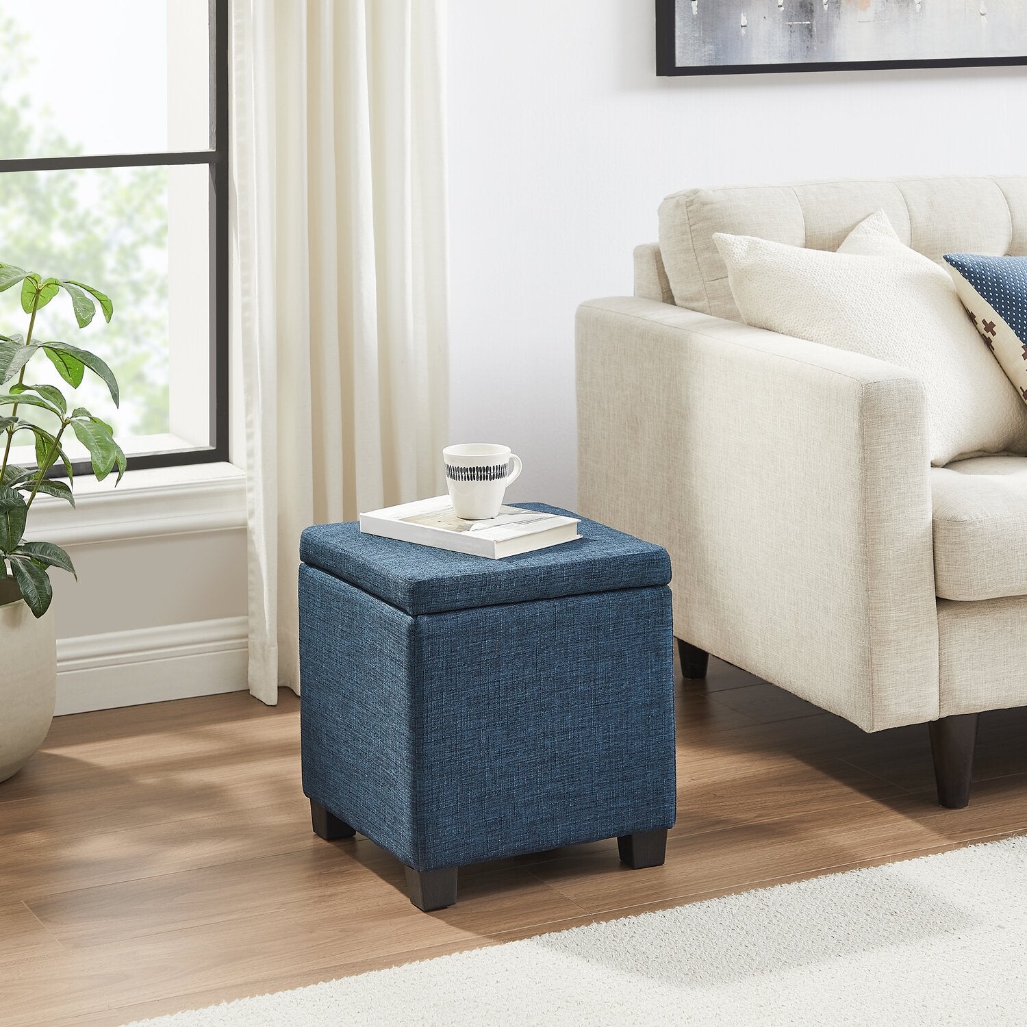 Housse De Pouf Carrée En Velours élastique - Taille Unique 55x55cm - Antidérapante Et Lavable - Couleur Bleu Profond - 10