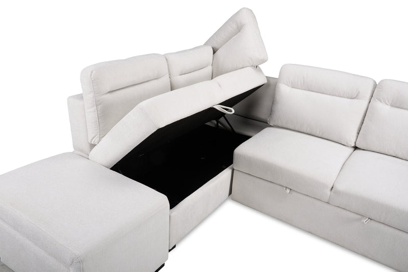 Sofa-lit sectionnel de gauche Coast 3 pièces en tissu blanc ivoire avec fauteuil long de rangement et accoudoir de rangement