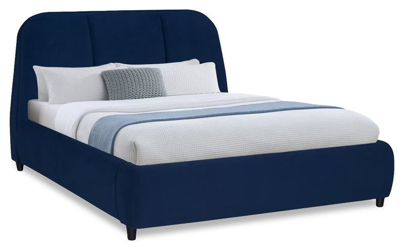 Lit plateforme rembourré Mave en tissu de velours bleu - format grand lit