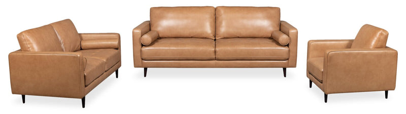 Sofa Edge de 86 po en cuir véritable avec pattes en bois et coussins de dossier amovibles - brun