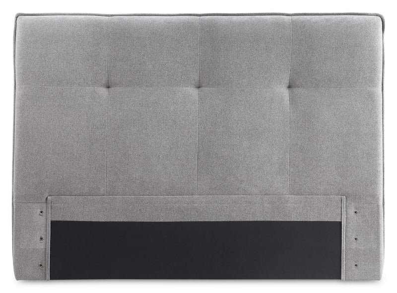 Lit de rangement Amos rembourré en tissu gris avec tête de lit capitonnée et 3 tiroirs intégrés - format lit double