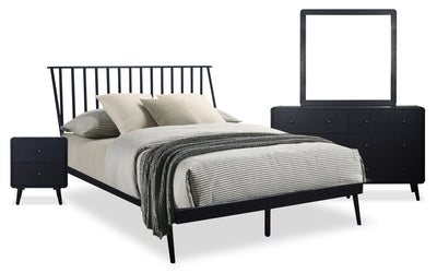 Milan 6pc Bedroom Set with Bed, Dresser, Mirror & Nightstand, Mid-Century Modern, Black - Queen Size | Ensemble de chambre à coucher Milan 6 pièces de style moderne du milieu du 20e siècle avec lit, commode, miroir et table de nuit, noir - grand lit