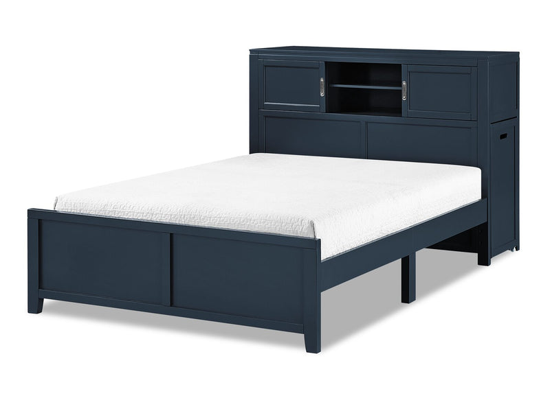 Lit plateforme Quinn avec tête de lit bibliothèque, bureau intégré et tabouret, bleu - format lit double
