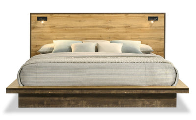 Silas 6pc Bedroom Set with Platform Bed, Dresser, Mirror & Nightstand, LED, Rustic Brown - King Size|Ensemble de chambre à coucher Silas 6 pièces brun rustique avec lit plateforme, commode, miroir, table de nuit et éclairage à DEL - format très grand lit