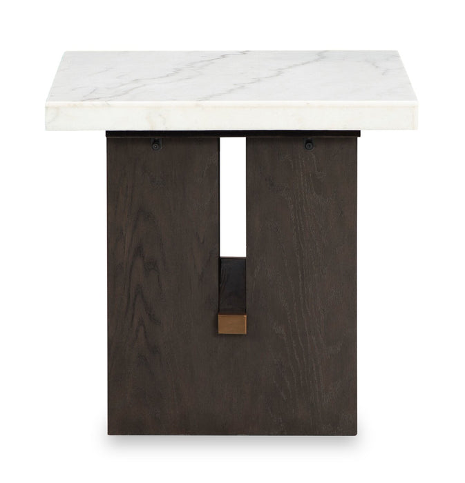 Table de bout Warwick de 26 po en bois massif et en marbre - blanche et chêne brun