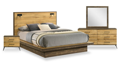 Silas 6pc Bedroom Set with Platform Bed, Dresser, Mirror & Nightstand, LED, Rustic Brown - Full Size | Ensemble de chambre à coucher Silas 6 pièces brun rustique avec lit plateforme, commode, miroir, table de nuit et éclairage à DEL - format lit double