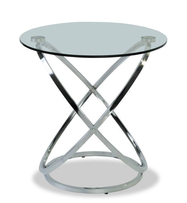 2 tables modernes Hendrix de 36 po (table à café et table de bout) avec dessus en verre - chromées avec base en métal