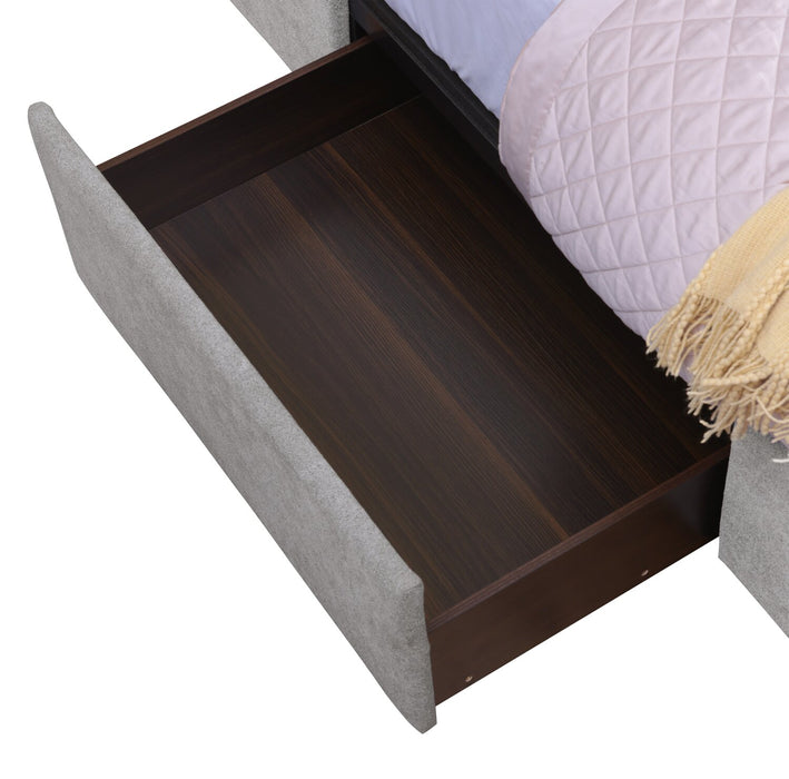 Base de lit de rangement Amos rembourrée en tissu gris avec 3 tiroirs intégrés - format très grand lit