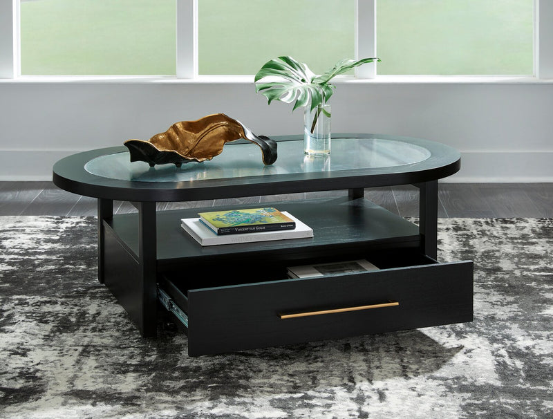 Table à café contemporaine Julian de 52 po en verre avec rangement et roulettes - noire