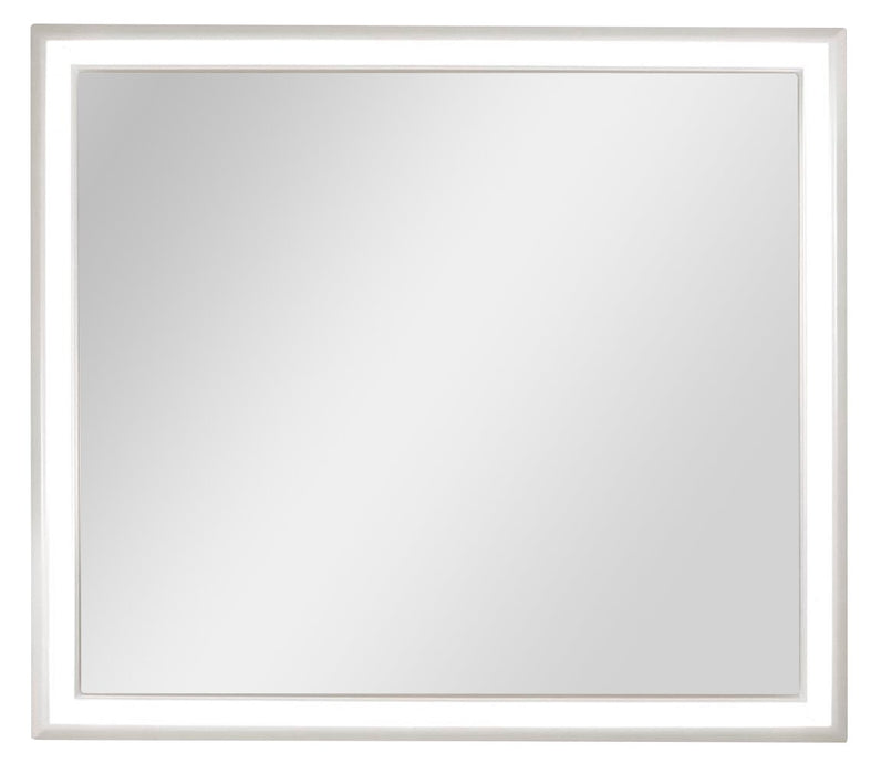 Ensemble de chambre à coucher Halo 6 pièces somptueux avec lit, commode, miroir, table de nuit et éclairage à DEL, blanc - format très grand lit