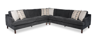 Jorja 3-Piece Chenille Fabric Sectional with Wood Legs and Accent Pillows - Granite Grey | Sofa sectionnel Jorja 3 pièces en tissu de chenille avec pattes en bois et coussins décoratifs - gris granite