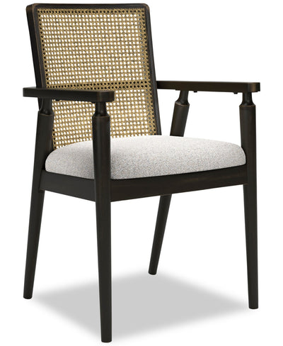 Shaw Dining Arm Chair with Polyester Fabric, Cane-Look Woven Back - Black | Chaise de salle à manger Shaw en tissu de polyester avec accoudoirs et dossier tissé d’apparence canne - noire