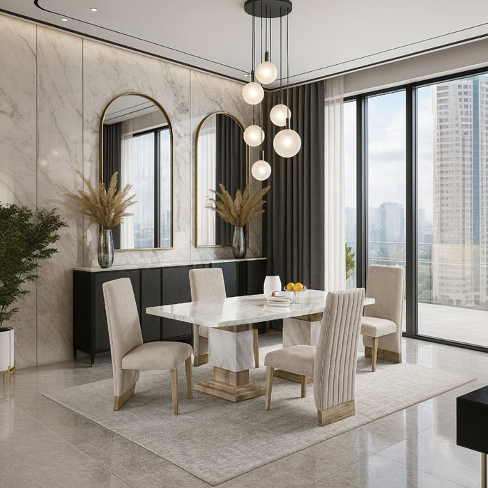 Ensemble de salle à manger Vega 5 pièces avec table de 82 po (L), imitation de marbre, base piédestal et 4 chaises - naturel et blanc