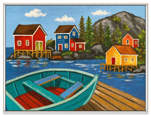 Œuvre d’art encadrée « Fishing Village » sur toile - 31,5 po x 41,5 po