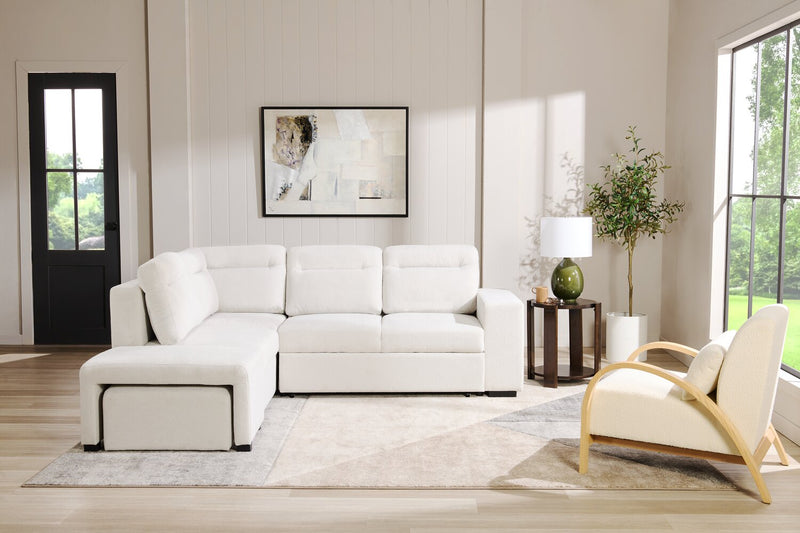 Sofa-lit sectionnel de gauche Coast 3 pièces en tissu blanc ivoire avec fauteuil long de rangement et accoudoir de rangement