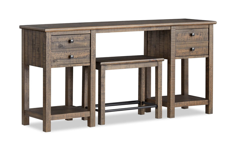 Table de salon Edwin de 64 po en pin champêtre avec rangement et tabouret - brun champêtre