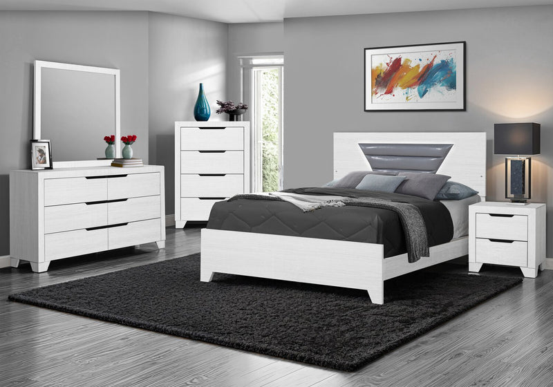 Ensemble de chambre à coucher moderne Elite blanc 6 pièces avec lit, commode, miroir, table de nuit et éclairage à DEL - format grand lit