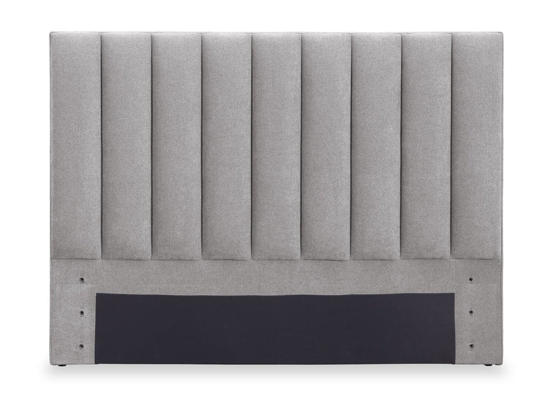 Lit de rangement Amos rembourré en tissu gris avec tête de lit à canaux et 3 tiroirs intégrés - format grand lit