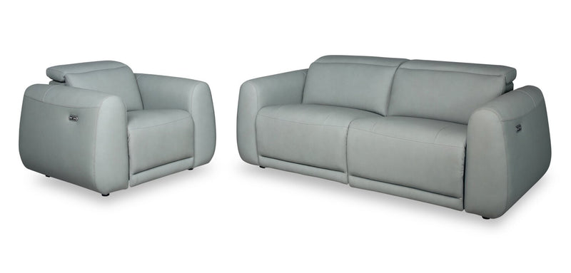 Sofa à inclinaison électrique Gianna de 76 po en cuir véritable avec appuie-têtes électriques et ports USB - bleu spa