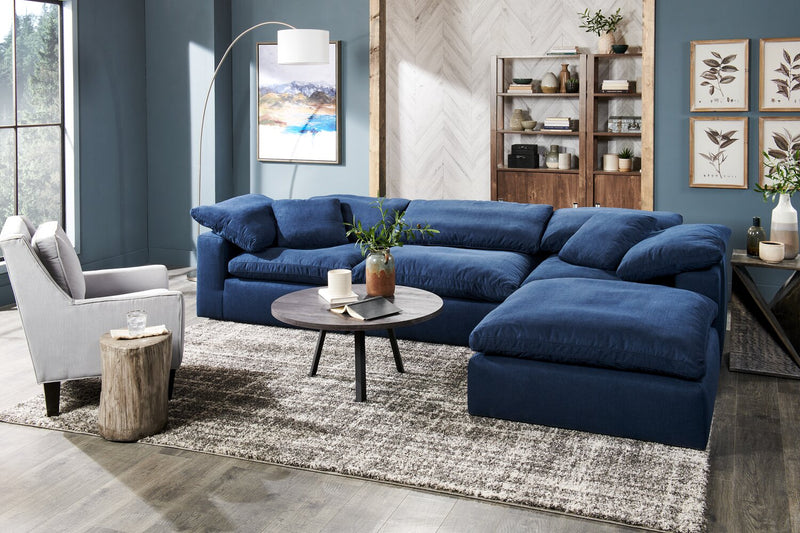 Pouf modulaire Eclipse de 43 po en tissu d’apparence lin avec coussin en duvet et plumes - bleu marine