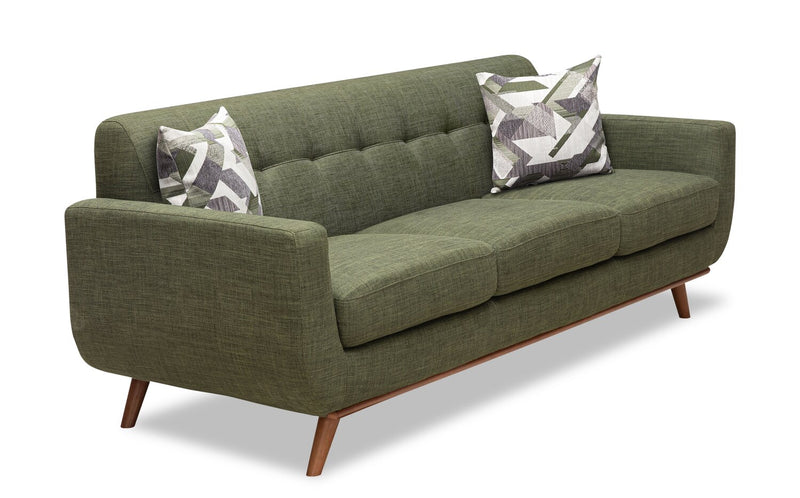 Sofa Freeman Kort & Co. de 88 po en tissu d’apparence lin avec pattes en bois et coussins de dossier capitonnés - vert avocat