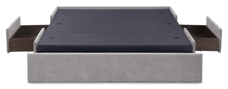 Lit de rangement Amos rembourré en tissu gris avec tête de lit capitonnée et 3 tiroirs intégrés - format lit double