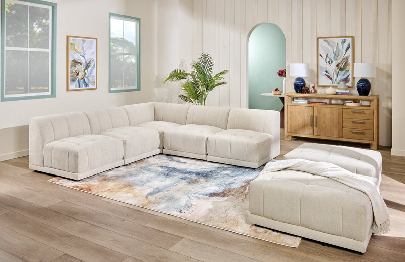 Sofa sectionnel modulaire sans accoudoirs Oaklyn de Kort & Co. 5 pièces en tissu avec coussins de siège capitonnés - beige