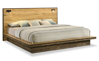 Silas Platform Bed with Headboard & Frame, LED, Rustic Brown - King Size | Lit plateforme Silas brun rustique avec tête de lit, cadre et éclairage à DEL - format très grand lit