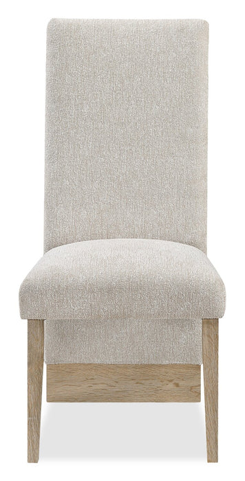 Ensemble de salle à manger Vega 7 pièces avec table de 82 po (L), imitation de marbre, base piédestal et 6 chaises - naturel et blanc