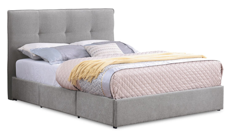 Base de lit de rangement Amos rembourrée en tissu gris avec 3 tiroirs intégrés - format très grand lit