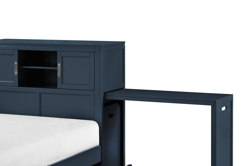 Lit plateforme Quinn avec tête de lit bibliothèque, bureau intégré et tabouret, bleu - format lit simple