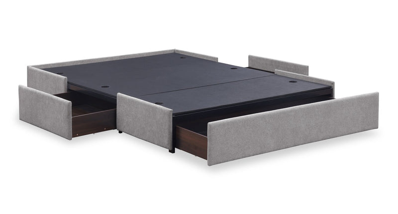Lit de rangement Amos rembourré en tissu gris avec tête de lit à canaux et 3 tiroirs intégrés - format grand lit