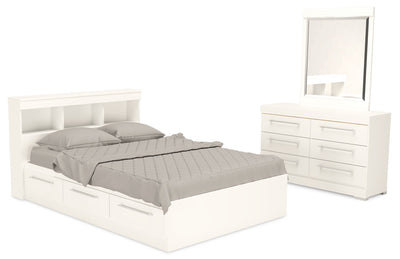 Riley Mates Bed 5pc Set with Bookcase Headboard, Dresser & Mirror, White - Full Size | Ensemble lit matelot Riley 5 pièces avec tête de lit bibliothèque, commode et miroir, blanc - format lit double