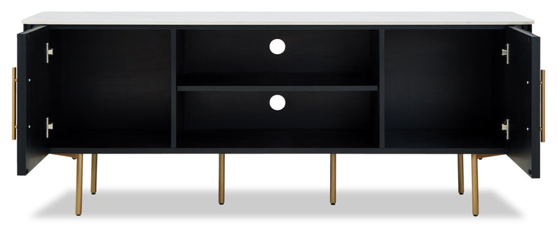 Meuble pour téléviseur moderne Capri de Kort & Co. de 60 po avec dessus en pierre frittée blanche, rangement et système de gestion des câbles pour téléviseurs jusqu’à 65 po - noir et doré