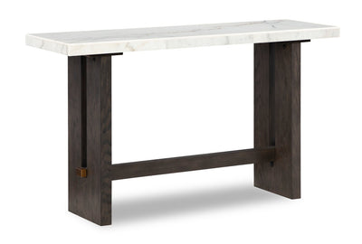 Warwick 52” Solid Wood and Marble Sofa Table – White and Brown Oak | Table de salon Warwick de 52 po en bois massif et en marbre - blanche et chêne brun