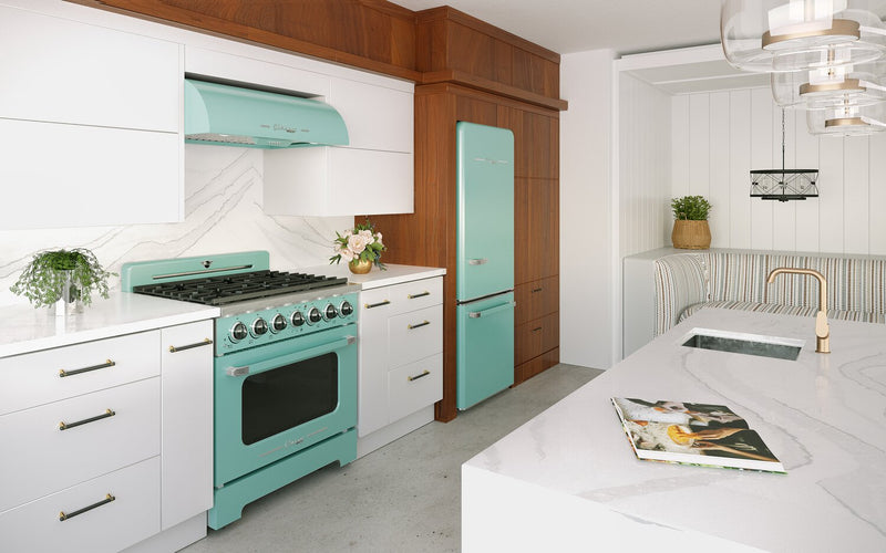Cuisinière à gaz Classic Rétro par Unique de 36 po et de 5,2 pi3 à 6 brûleurs avec convection - turquoise brume marine - UGP-36CR T