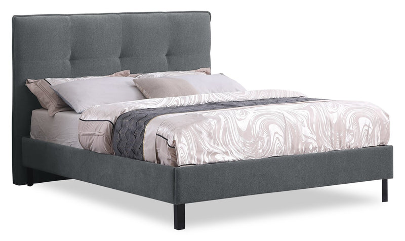 Lit plateforme Amos rembourré en tissu anthracite avec tête de lit capitonnée - format grand lit
