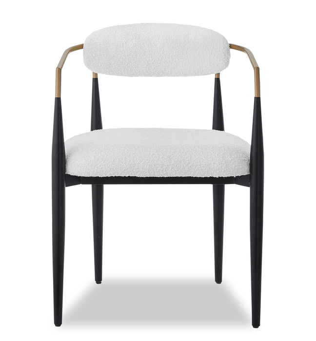 Chaise de salle à manger à accoudoirs Capri de Kort & Co. en métal avec tissu bouclé et touches dorées - blanche