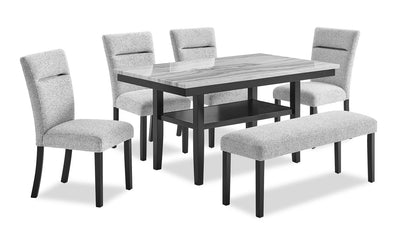 Libra 6pc Dining Set with Table, Bench & 4 Chairs, Marble-Look Top, 60"W - Black/Grey | Ensemble de salle à manger Libra 6 pièces avec table de 60 po (L) à dessus en imitation de marbre, banc et 4 chaises - noir et gris