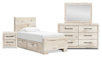  Ensemble de chambre à coucher Derekson 6 pièces blanc rustique avec lit de rangement latéral, commode, miroir et table de nuit - format lit simple