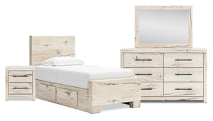 Ensemble de chambre à coucher Derekson 6 pièces blanc rustique avec lit de rangement latéral, commode, miroir et table de nuit - format lit simple