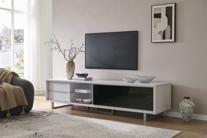 Meuble pour téléviseur moderne Amelia de 89 po x 22 po avec rangement et système de gestion des câbles pour téléviseurs jusqu’à 100 po - deux teintes, blanc et noir