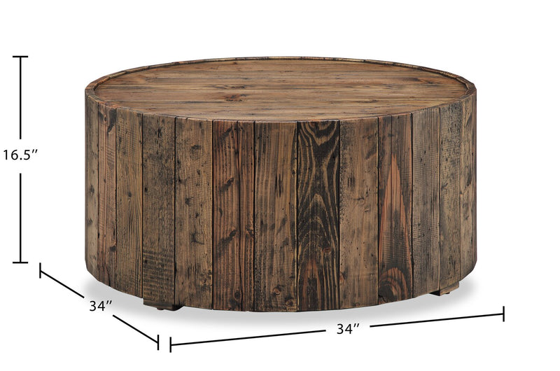 Table à café ronde rustique Martel de 34 po avec roulettes - pin rustique